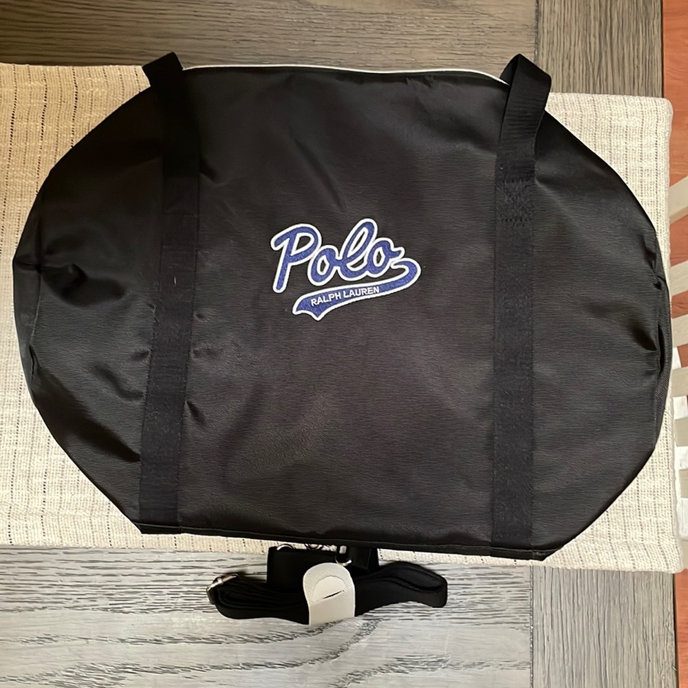 Polo by Ralph Lauren Black duffel bag with strap. New without tags.
